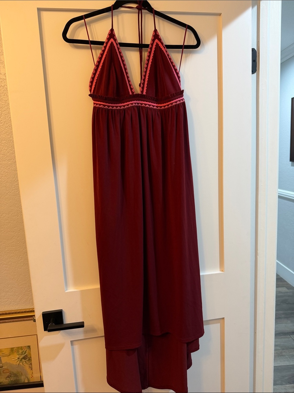 Express Burgundy Backless Maxi Dress with Pink Trim